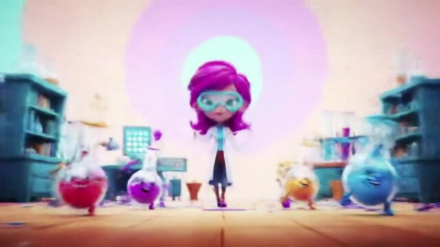 In a cartoon lab, a scientist accidentally mixes two flasks, causing a colorful mushroom cloud explosion that transforms everything into dancing objects