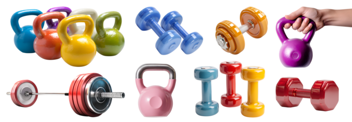 Collection set of colourful fitness sports training workout dumbbells Kettlebell, barbell, weights, different style angle isolated on transparent cutout PNG. Mockup template for artwork