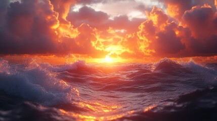 Fiery sunset over turbulent ocean waves