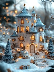 Fototapeta premium A picturesque, winter wonderland castle nestled in snowy forest.