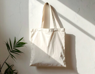 Empty Beige Canvas Tote Bag Hanging Against White Wall