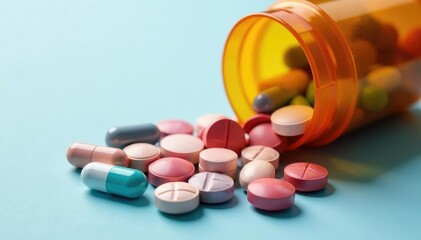 Close-up of various pills and capsules in a medicine bottle, illustrating medication , detail, flat lay, assorted