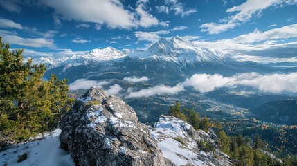 Breathtaking Snow Capped Mountain Peaks Under Blue Skies with Pixel Style Effect Digital Landscape
