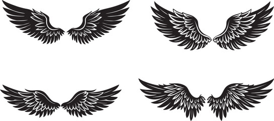 Angel wings silhouettes, Angel wings vector art, hand drawn bird or angel wings of different shape, vector illustration