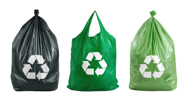 Eco-friendly Trio: Three vibrant recycling bags, symbolizing waste management, are showcased against a simple background, reflecting commitment to recycling and environmental consciousness.