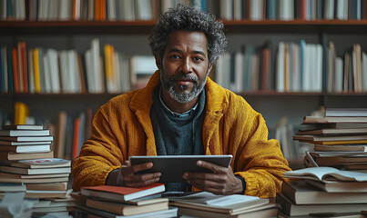 Man in Yellow Coat Using Tablet Among Stacks of Books in a Library