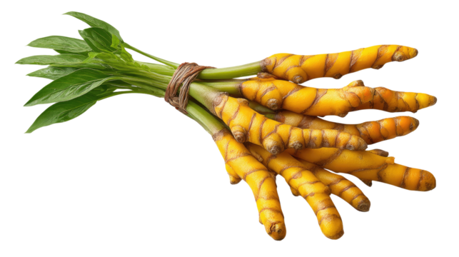 Fresh Turmeric Root: A vibrant bunch of turmeric root, complete with green leaves, ready to be used in culinary or medicinal preparations.  