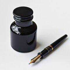 Elegant Black Ink Bottle and Fountain Pen on Clean Surface