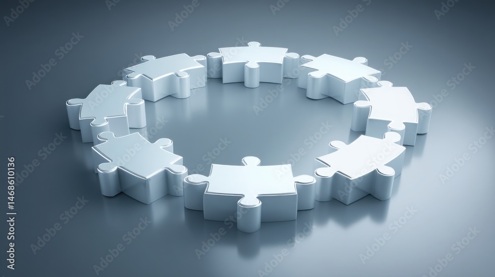 Poster white puzzle piece floating in a network forming from interconnected puzzle pieces representing coll