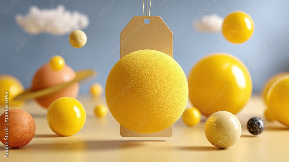 Poster yellow egg with a wooden tag symbolizing smart pricing and layered data points in a conceptual float