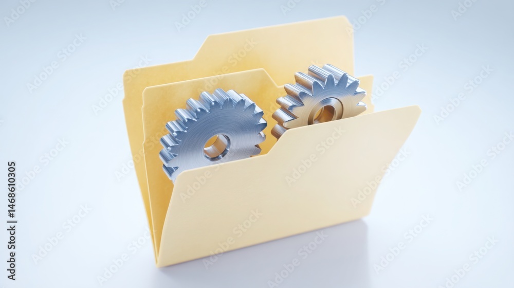 Poster folder with gears symbolizing systemized storage and integration in a concept merging into gear icon