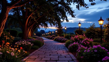 Fototapeta premium Strolling through a blooming garden pathway at dusk scenic landscape tranquil environment serene viewpoint