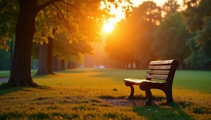 Fototapeta premium Golden sunrise illuminates an empty park bench, peaceful morning scene , summer, light, dawn