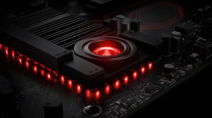 Computer motherboard with illuminating red leds showcasing advanced technology and system cooling components