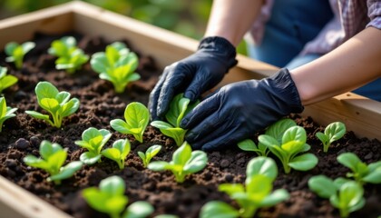 Fototapeta premium Gardening activity home garden planting seedlings outdoor environment close-up view sustainable living