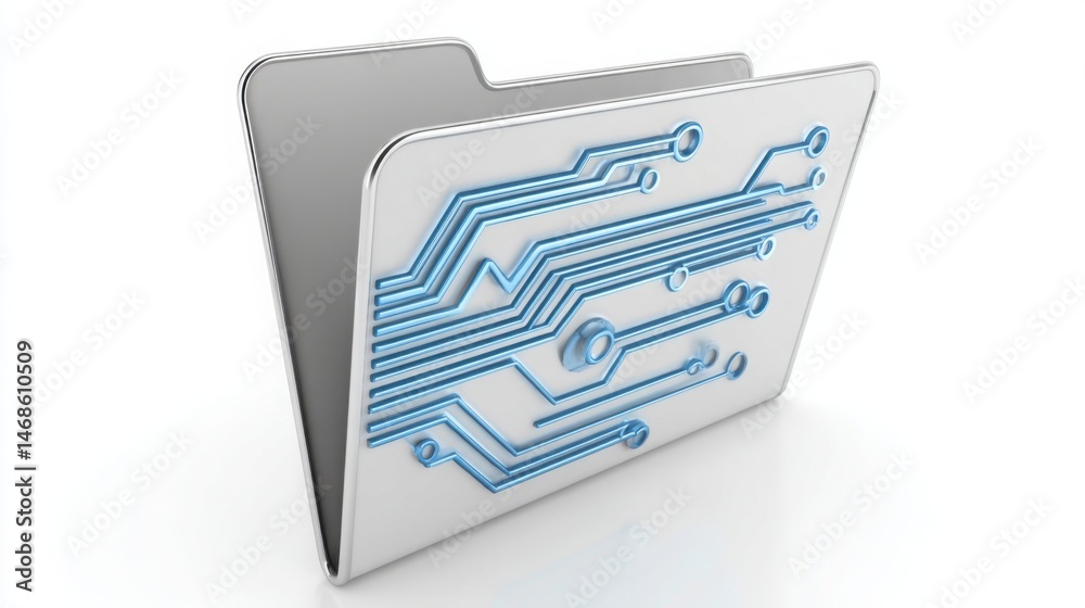 Poster folder with circuit board design overlay, symbolizing digital file systems and modern technology int