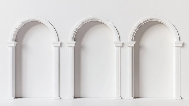 Three arched alcoves on a white wall, elegantly designed.