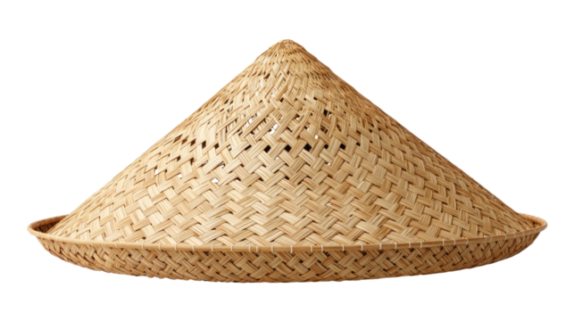 Conical Asian Hat: A woven, cone-shaped hat, steeped in cultural tradition, stands alone in the crisp light of day, exuding the craftsmanship of time-honored techniques.