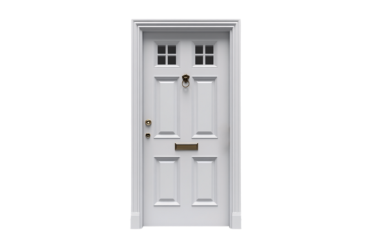 A traditional white front door featuring brass mail slot, peephole, knocker, and window panels, isolated on a transparent background