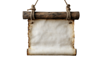 A vertical parchment-style scroll with burnt edges hangs from wooden rods using thick rope twine, isolated on a transparent background