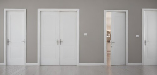Fototapeta premium Modern white wooden interior doors, various open/closed positions , wood, contemporary