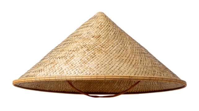 Conical Straw Hat: Close-up image of a traditional conical straw hat, intricately woven with natural fibers, a symbol of cultural heritage, simplicity, and protection.