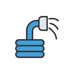 Stylized blue garden hose with spray on White background, icon style