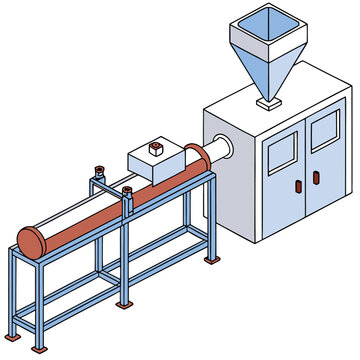 Isometric illustration of a plastic extrusion machine with a hopper and a support