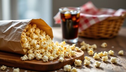 Enjoying popcorn and soft drinks at home cozy kitchen setting food photography relaxed ambiance