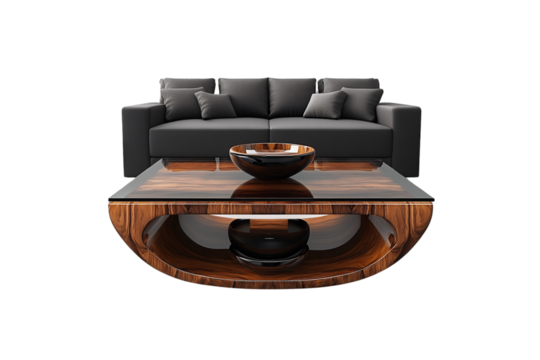 Glossy rectangular coffee table with layered wood design sits in front of a black sofa, isolated on a transparent background