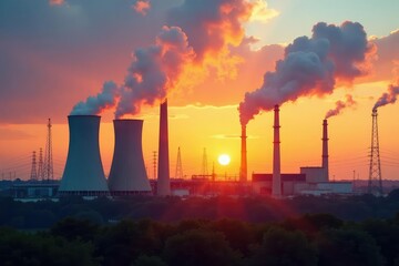 Modern power plant with cooling towers and industrial structures at sunset , power plant, manufacturing