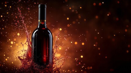 Fototapeta premium Red wine bottle with splashing liquid against a dark background.