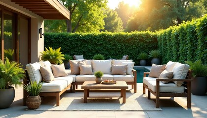 Fototapeta premium Relaxing patio furniture set, perfect for outdoor entertaining Enjoy the summer sun in comfort , cushions, garden decor, dining set