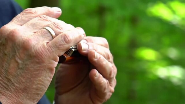 Wrinkled hands outdoors playing harmonica 