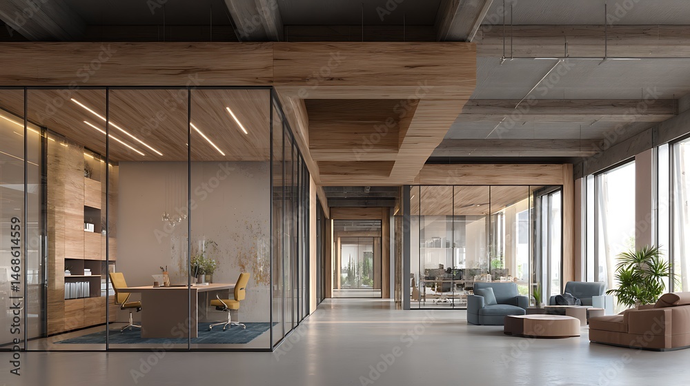 Poster modern interior design of an open office with glass partitions and management office