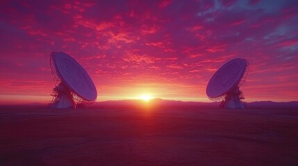 Vast radio telescopes at sunset.  Dramatic sky