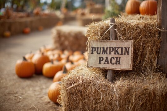 Visit the Pumpkin Patch Sign Set Against Hay Bales and Scattered Pumpkins in the Autumn Harvest at a Local Farm Generative AI