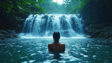 Fototapeta premium Serene woman bathing in a tranquil waterfall pool in a lush jungle