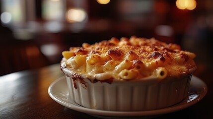 Baked macaroni and cheese in a ceramic dish on a dark table.