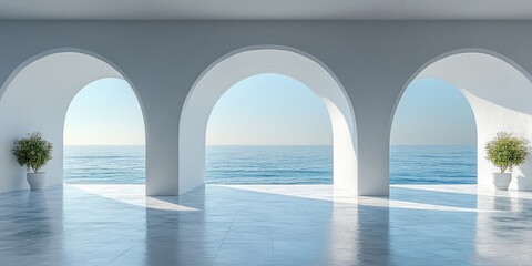 Tranquil coastal interior with arched openings.
