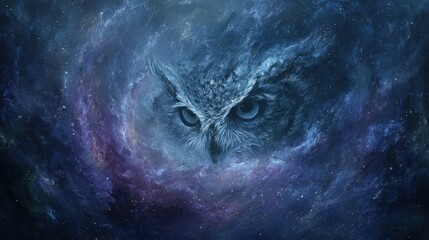 Mysterious owl face amidst cosmic nebulae.