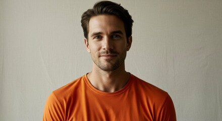 Obraz premium Man wearing orange shirt, neutral background