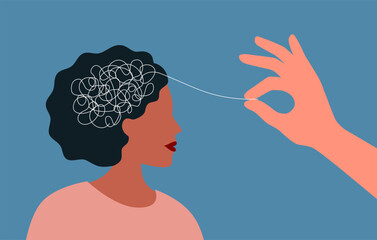 Psychotherapy or Psychology concept. Helping hand unravels the tangle of thoughts of a woman with mental disorder, anxiety and confusion mind vector illustration