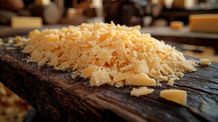 Shredded yellow cheese on a dark wooden board close up shot.
