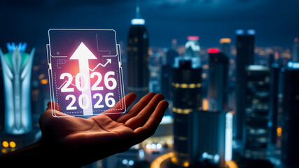 Hand Holding 2026 Futuristic Display Over Cityscape