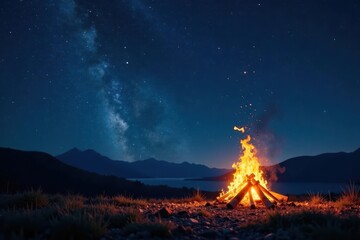 Campfire under a Starry Night Sky with Majestic Mountain Range in the Background