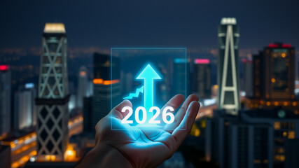 Hand Holding 2026 Futuristic Display Over Cityscape