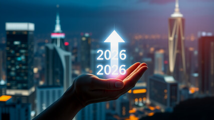 Hand Holding 2026 Futuristic Display Over Cityscape