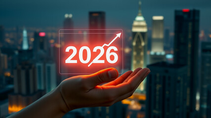 Hand Holding 2026 Futuristic Display Over Cityscape