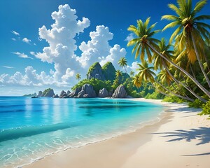 An exotic island paradise with clear blue water, sandy white beaches, swaying palm trees, vibrant tropical flowers, and a clear blue sky, fantasy style